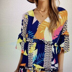 Swing A- Line V Neck  knee Length Dress (;Size: X- Large) ( Color: Multi)